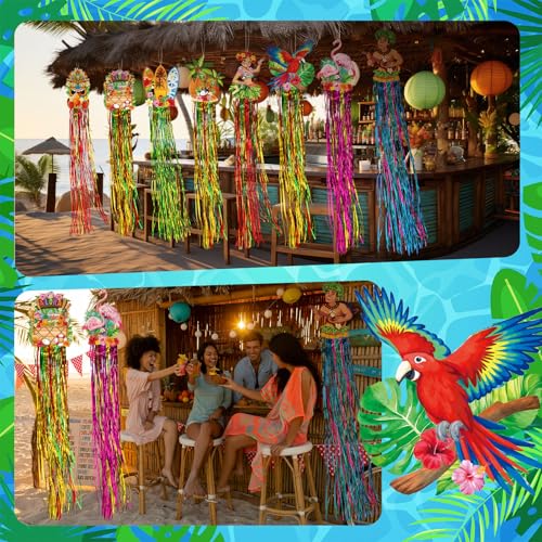 Image of Affrolling 8 Pcs Hawaiian Luau Party Decoration Tropical Tiki Aloha Flamingo Decorations with Tassels for Hawaii Luau Tropical Birthday Party Supplies 3.3 ft Outdoor Summer Door Banner Sign Decor