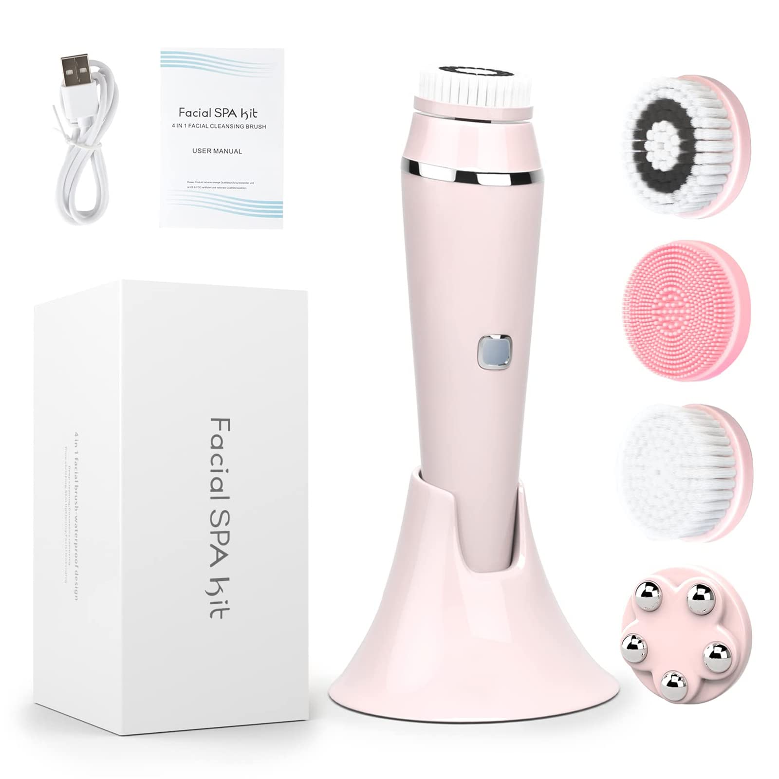 Arabest Facial Cleansing Brush, 4 in 1 Electric Powered Facial Cleansing Brush, Rechargeable Facial Cleansing Brush for Gentle Exfoliating Deep Cleansing and Face Massage (Pink)