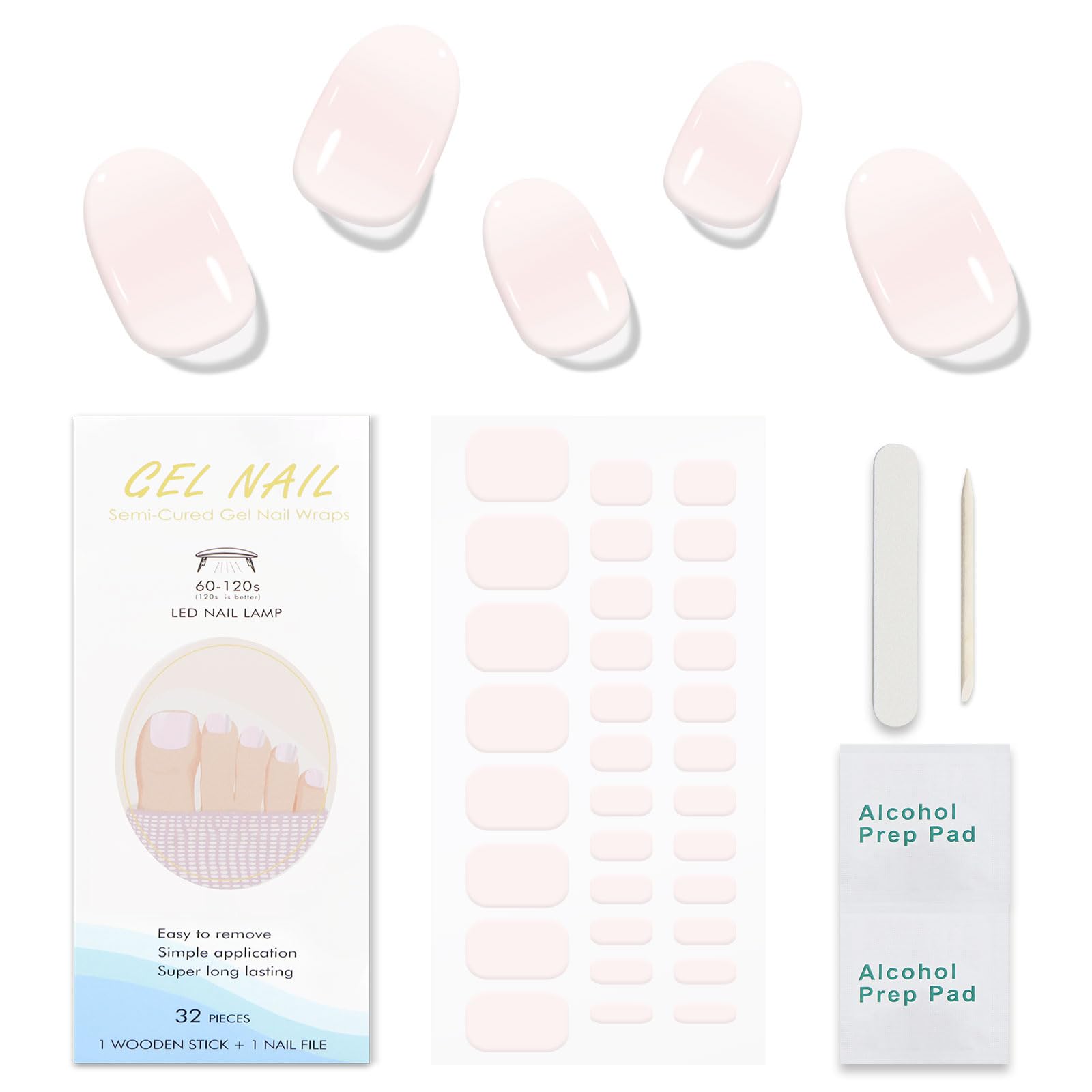 JMEOWIO Gel Toenail Stickers Cream Pink Semi Cured Gel Toenail Strips Wraps UV/LED Toenail Supplies Toenail Art Design Decoration Accessories