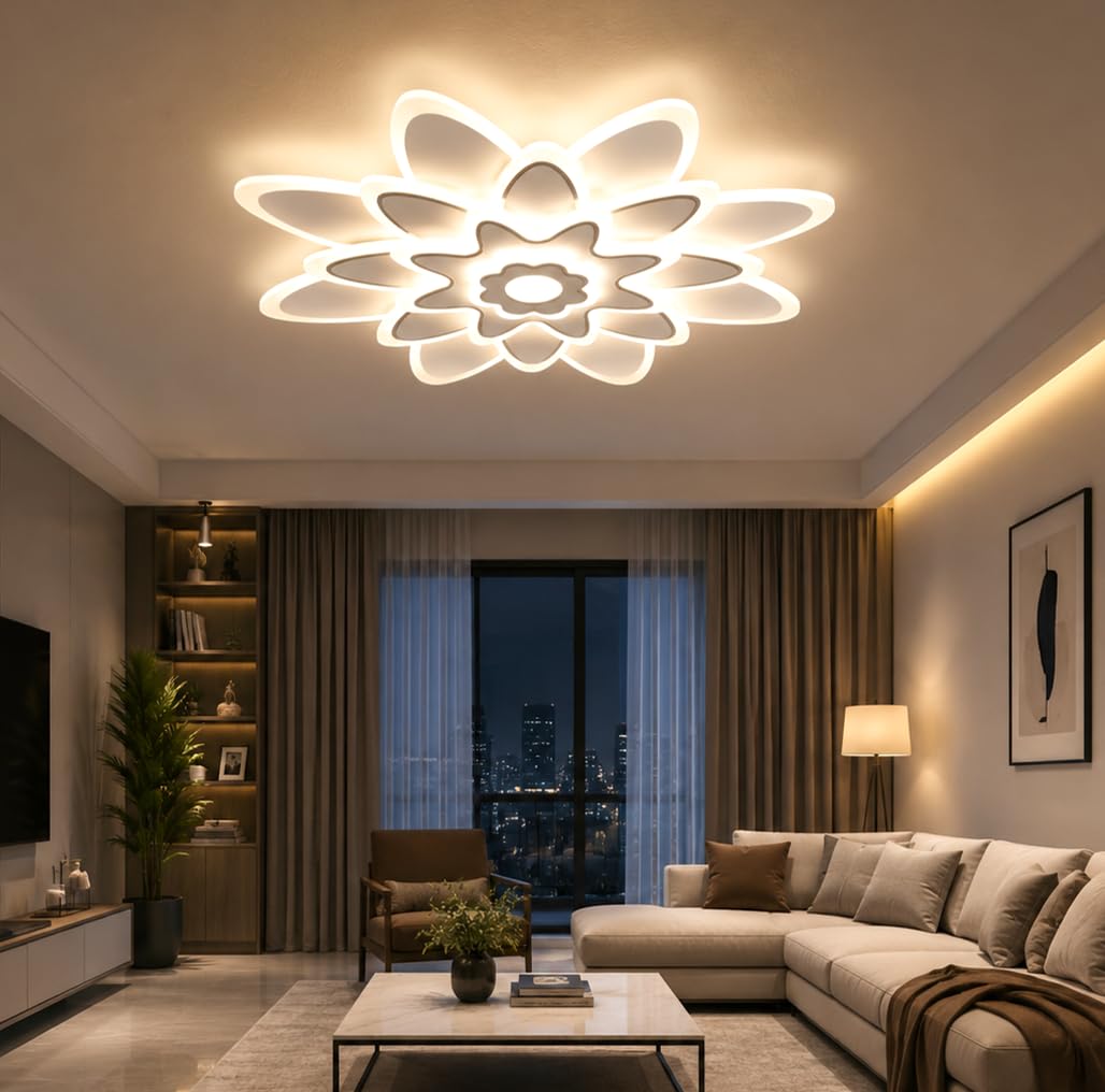 Modern Flower Shape LED Ceiling Light for Living Room, Bedroom & Hall | Decorative Ceiling Lamp | 3 Color Modes (Warm, Natural & Cool White) | Chandelier Light, White (White-Lotus)-image-24