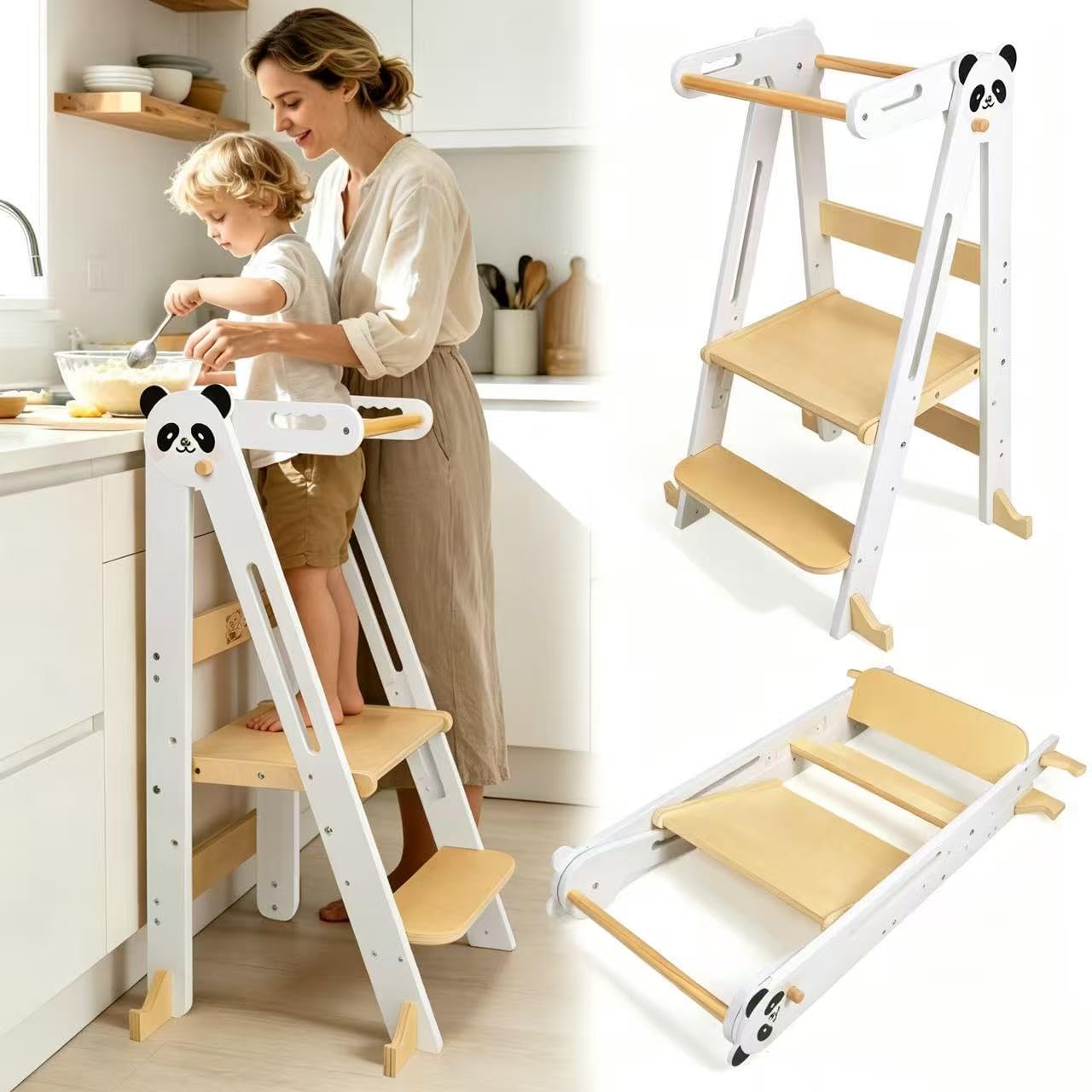 Lernturm Montessori Platzsparend und Höhenverstellbar Klappbar Lernstuhl für Kinder mit Kippschutz & Anti-Rutsch-Trittfläche für Kinder ab 1 Jahr Learning Tower, Tritthocker, Schemel