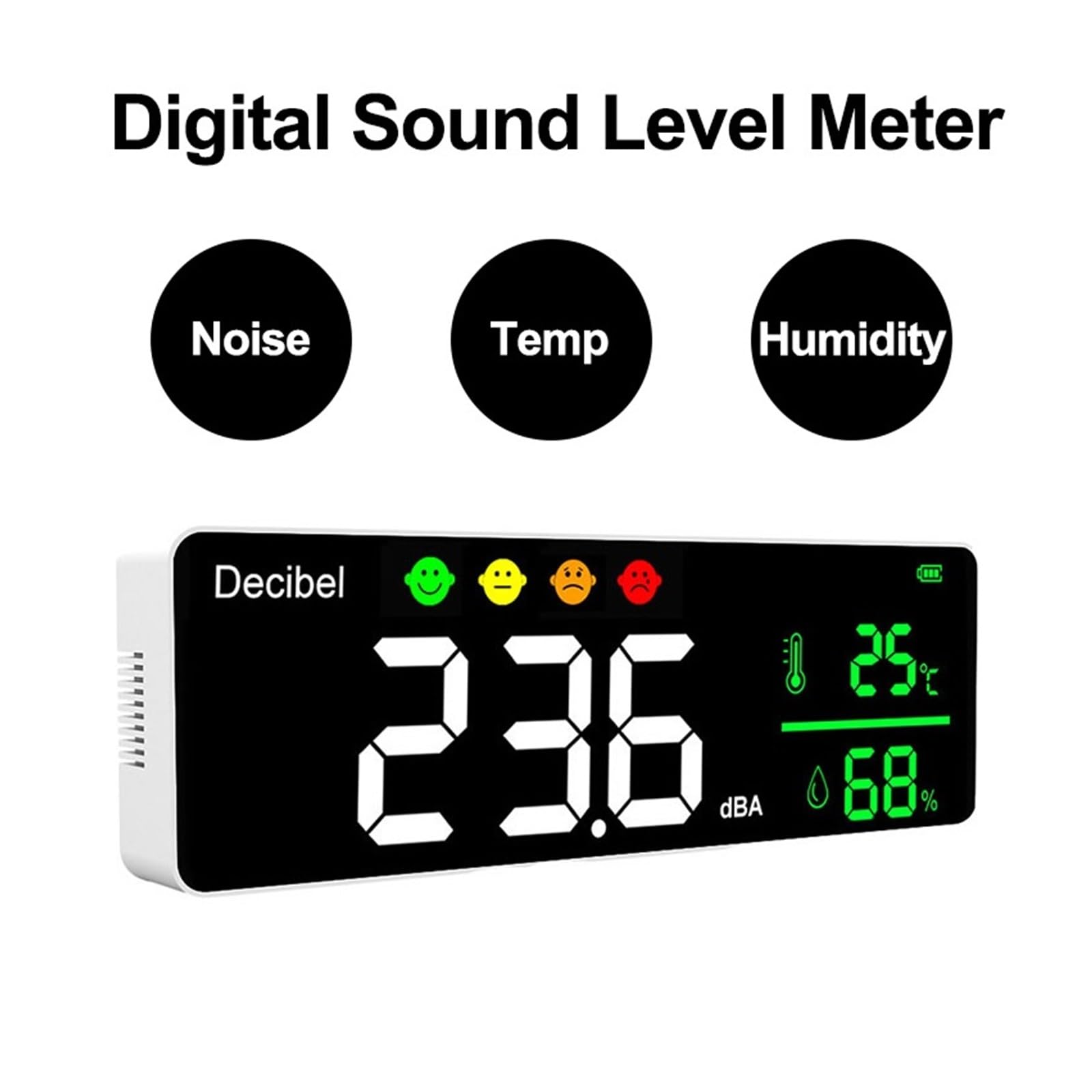 Medidor De Nivel Sonido Digital, Detector Ruido Pared, Pantalla LED Temperatura Y Humedad, Carga USB, Comprobador Decibelios 30-130 DB MedicióN Precisa