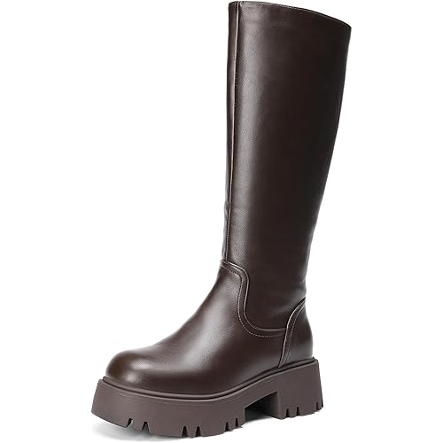DREAM PAIRS Knee High Boots, Comfortable Chunky Platform Round-Toe Side Zip Boots for Women