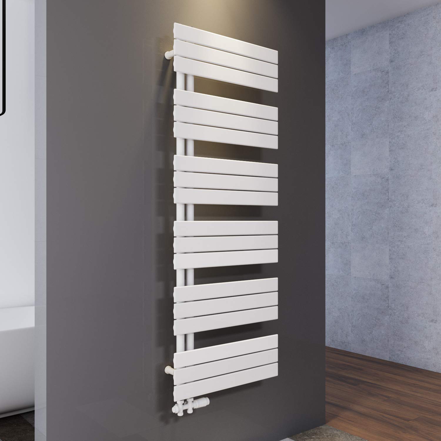 SONNI Grzejnik łazienkowy 1590 x 600 mm suszarka na ręczniki ogrzewanie biały płaski design ogrzewacz ręczników łazienka przyłącze środkowe z boku 1593 W z białym termostatem multiblokowym