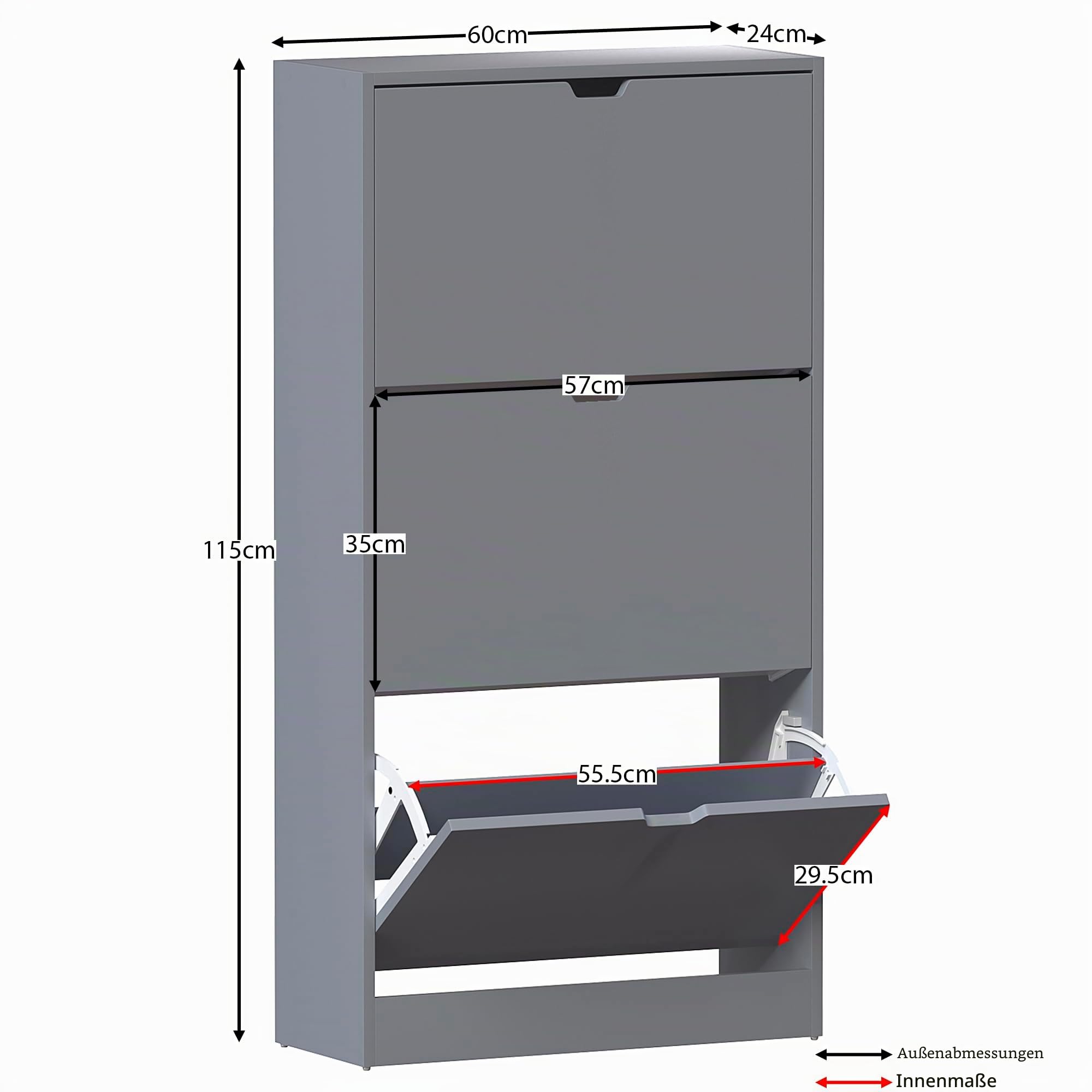 Vida Designs Schuhkipper mit 3 Klappen | 115 H x 60 B x 24 T cm | Grau | Platzsparender Schuhschrank für bis zu 15 Paar Schuhe | Kippschutz | Flurmöbel für Eingangsbereich
