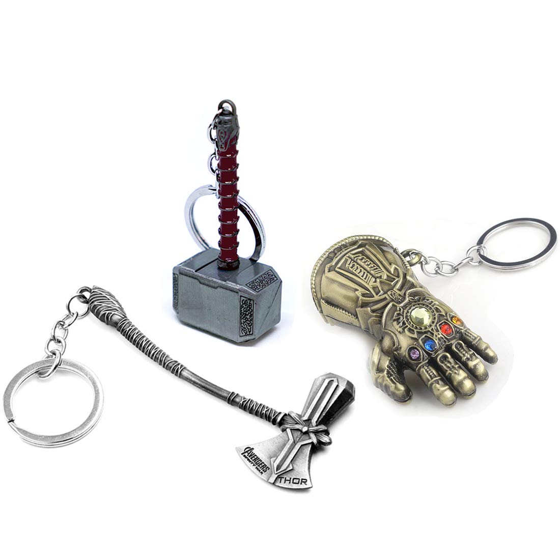 3-Pack Silver Hammer Key Chain, Bronze Glove Keychain and Silver Axe Keychain, Cool Gifts for Men, Husband, Boyfriend