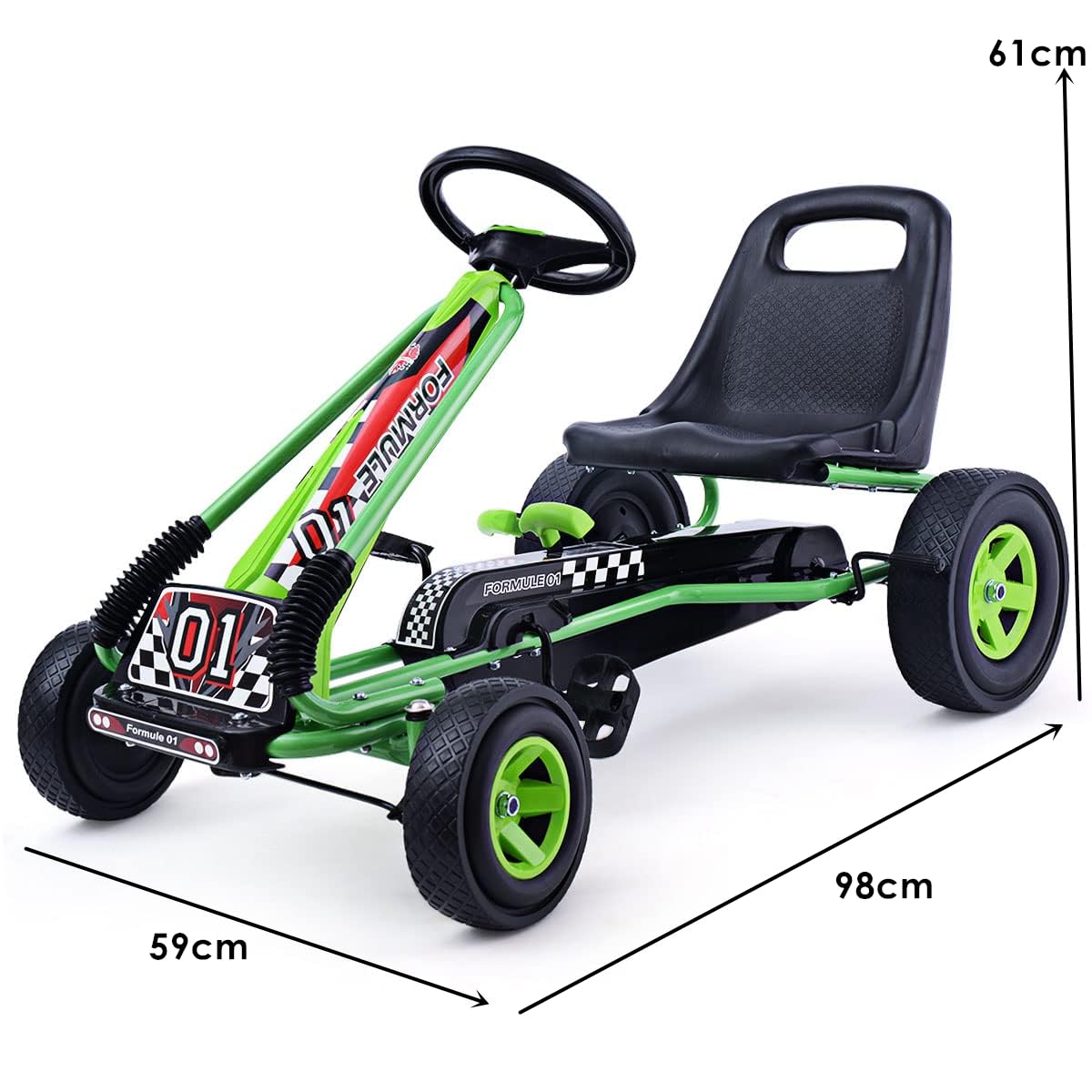 GYMAX Go-Kart a Pedali per Bambini con Sedile Regolabile con Freno e Frizione per Bambini 3-8 Anni, 98 x 59 x 61 cm (Verde)
