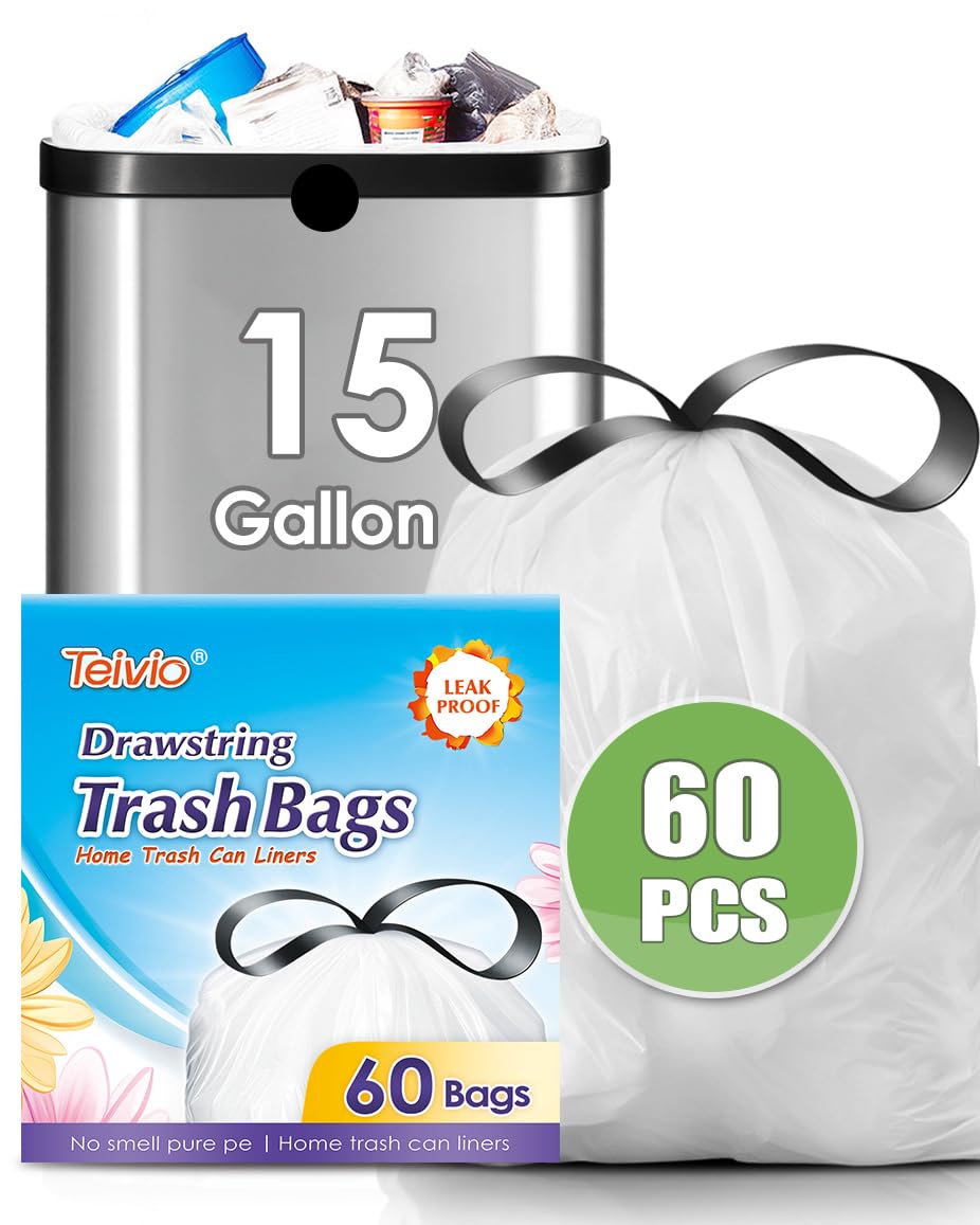 Teivio 15 Gallon 60 Counts Strong Tall Kitchen Drawstring Trash Bags, Medium Plastic Garbage Bags for Home Kitchen Office Garden Outdoor Tall Trash Can, Waste Bin Liners White