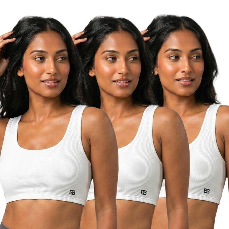 Ladies Cotton Blend Workout Sports Bra Wire Free Pad Insert U Neck Training Yoga Running Bra Medium Support (Pack of 3) White-image-49