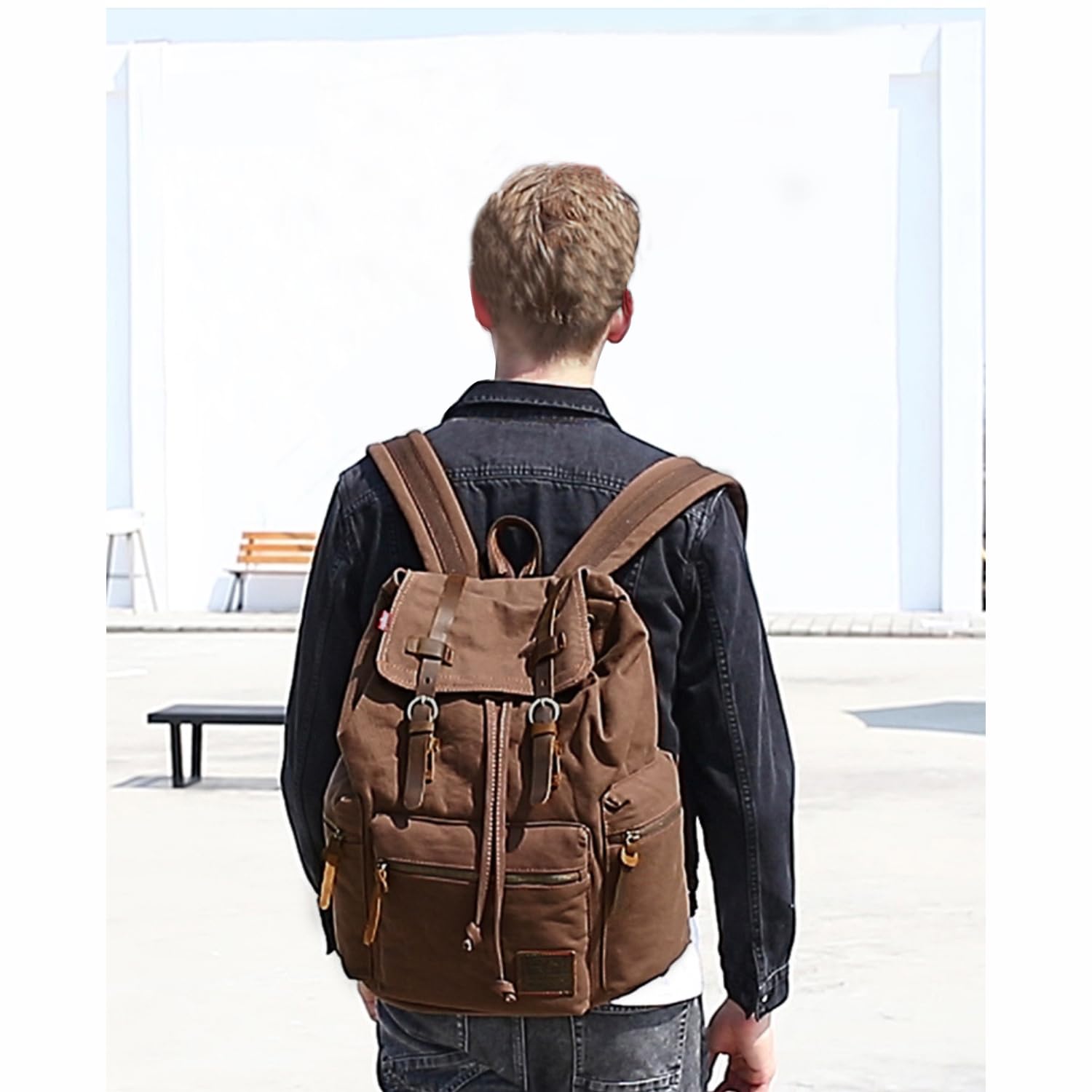 Zaino in tela vintage ad alta capacità con zaino casual originale per scuola, viaggi e trasporto laptop, Nero , 42cm x 16cm x 28cm, Design vintage con una combinazione di tela e materiali in vera