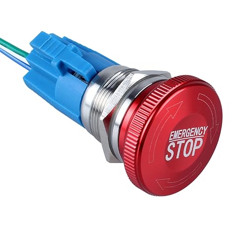 DMWD Interruptor de botón de parada de emergencia con cierre de metal de 0.866 in, cabeza de hongo rojo grande, carcasa de acero inoxidable,
