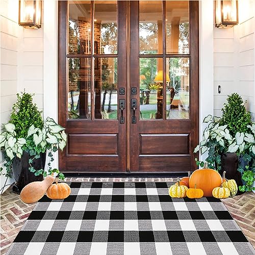 SHACOS 4'x6' Buffalo Plaid Outdoor Rug Washable Black White Buffalo Checkered Rug Front Porch Rug Indoor Outdoor Buffalo Plaid Carpet Door Mat Woven Cotton Famrhouse Plaid Rug for Kitchen Entrance