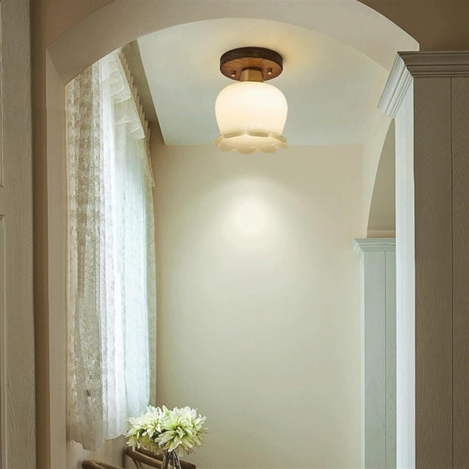 Nowoczesna półwpuszczana lampa sufitowa z orzecha włoskiego do przedpokoju - nordycka kreatywność z mlecznobiałym szkłem, retro lampa wisząca na wyspę kuchenną, sypialnię, korytarz i schody