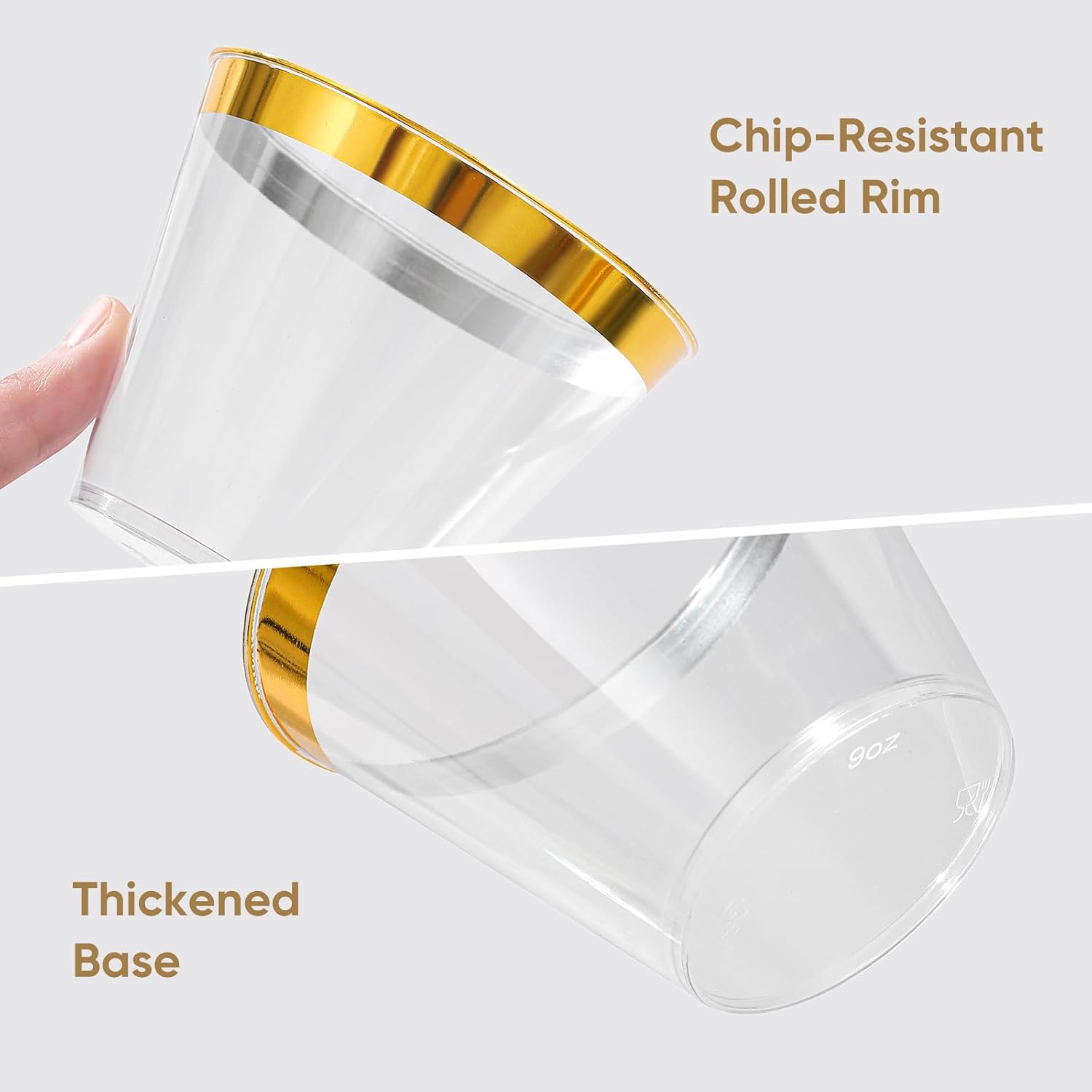 50PCS Gold Plastic Cups, 9 oz Clear with Metallic Gold Rim Disposable Cups, Elegant Plastic Tumblers, Fancy Party Cups - Image 4