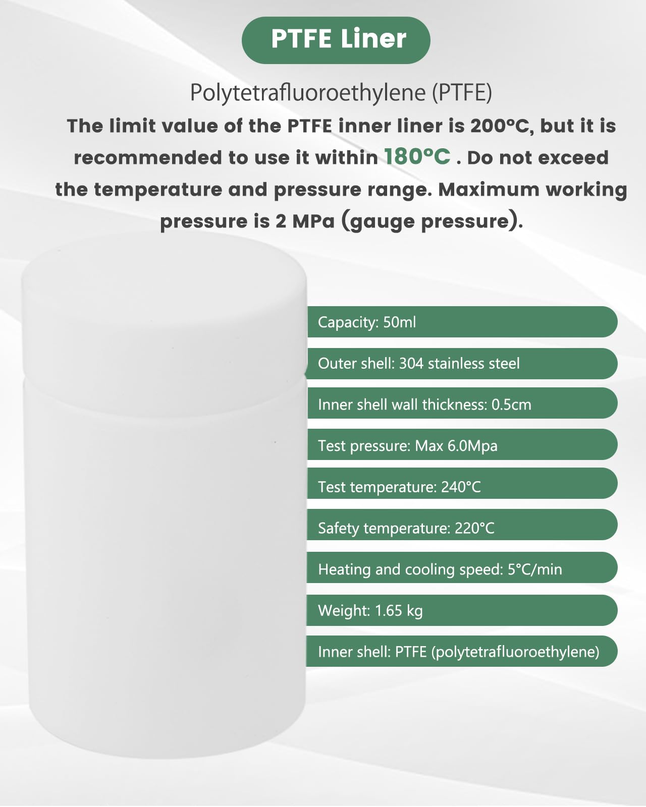 Huanyu 220°C 6MPa Autoklavenreaktor Hochdruck Hydrothermische Synthese Digester 304 Edelstahl für starke Säure, organische Lösungsmittel unlösliche Substanz, 50ml, 1