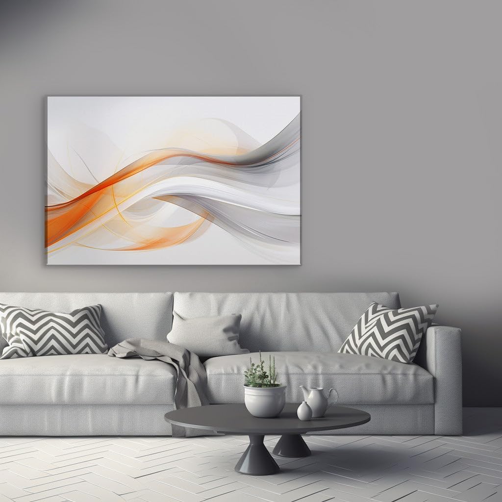 Canvas for Living room. Capturing Elegance in Motion: A Dynamic Dance of Orange and Gray Waves on Canvas, 27 x 18 inch Canvas Wall Art - Contemporary Masterpieces - Modern Home Decor