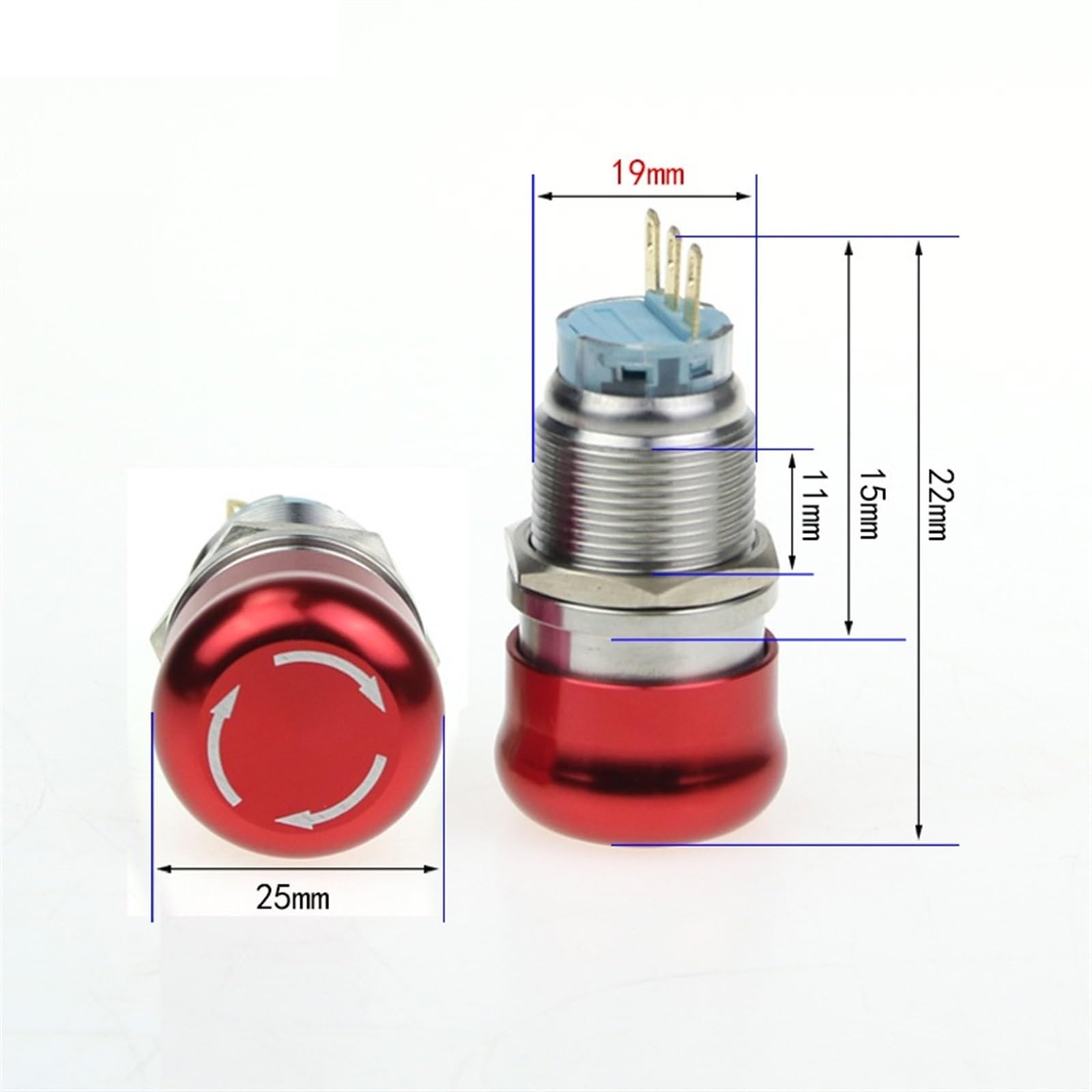 1 interruptor de botón de parada de emergencia con cabeza de hongo de metal de 19/22 mm, caja de acero inoxidable, interruptor giratorio con cabeza de aluminio(Self-locking,19mm)