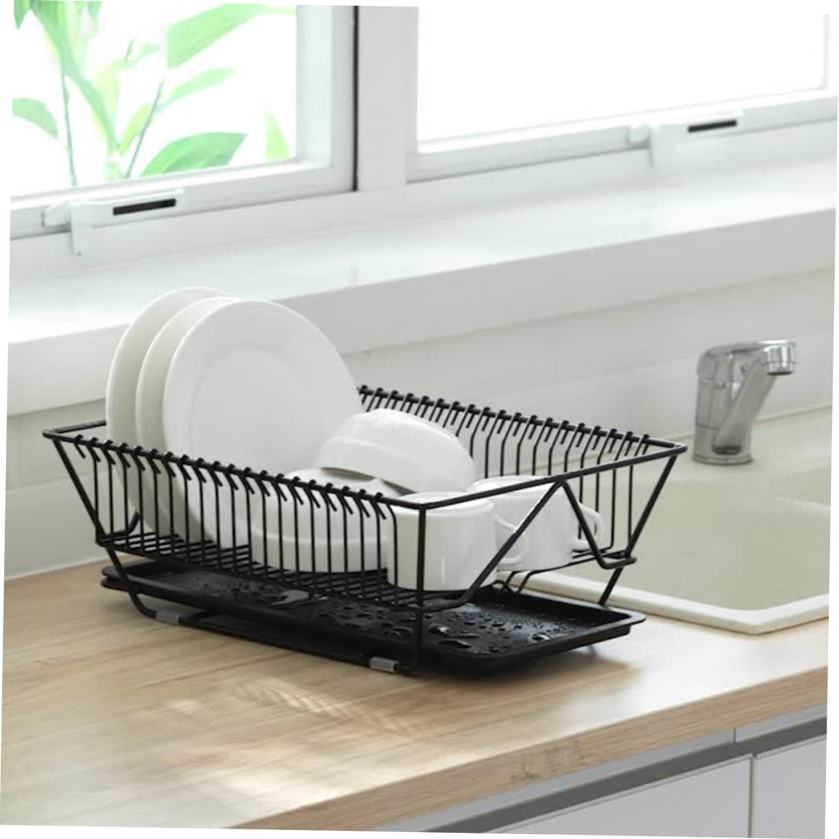 Égouttoir à Vaisselle Multifonction Grand Format en Métal Noir Bac D'égouttage Amovible, Organisateur de Rangement pour Bols et Ustensiles, la Cuisine et Plan de Travail