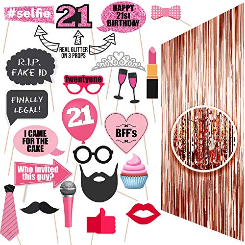 21st Birthday Decorations, Photo Booth Props Favors & Backdrop Foil Fringe Curtain For Happy Finally 21 Bday Party | Her Girl Women Woman Daughter Best Friend BFF Mom Sister Aunt Bash | Pink Rose Gold