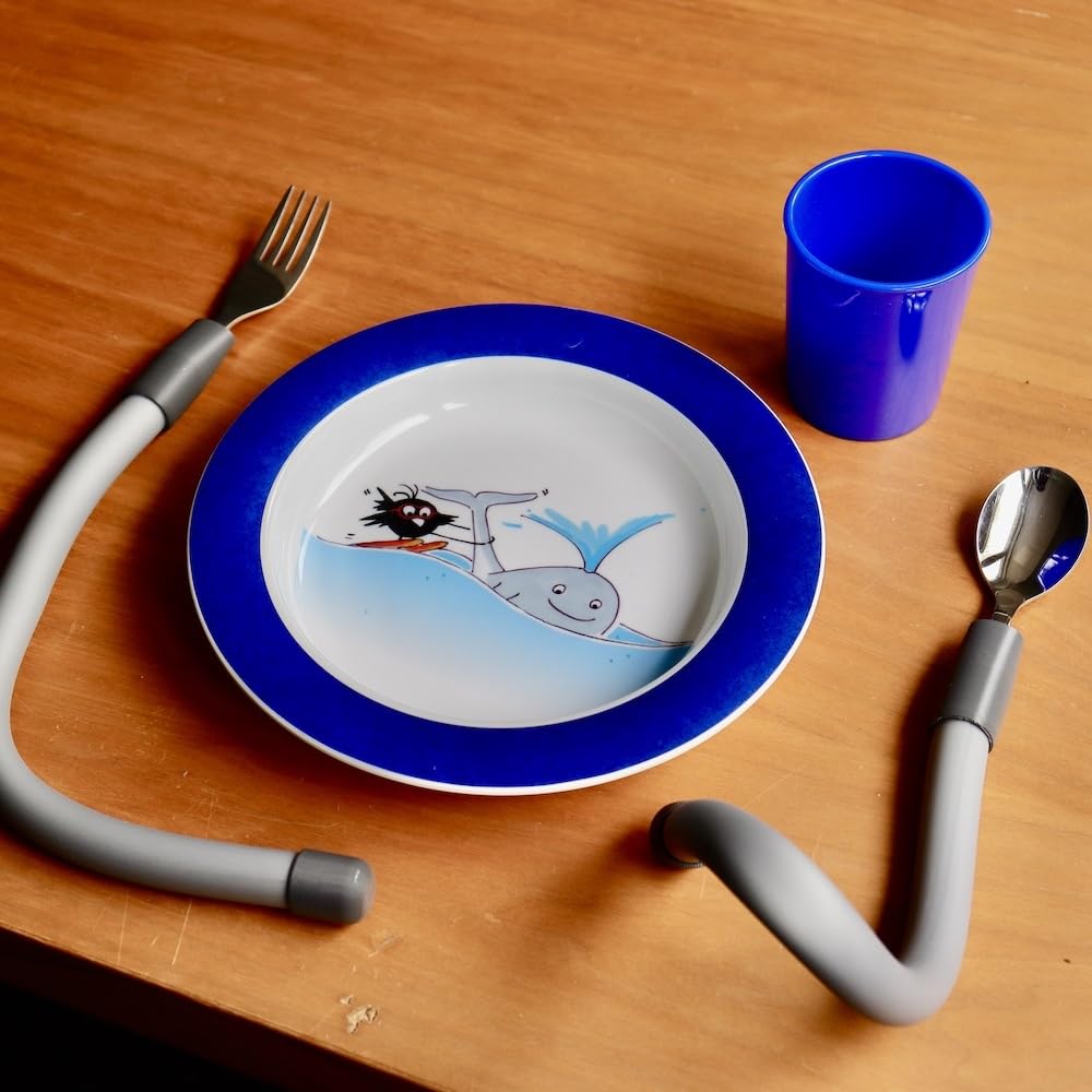 ORNAMIN Biegsames Kinderbesteck-Set | Ergonomische Esshilfe für Kinder mit Handicap | Flexibler Griff | Spezialbesteck für Pflege & Inklusion | Edelstahl & Silikon | Made in Germany