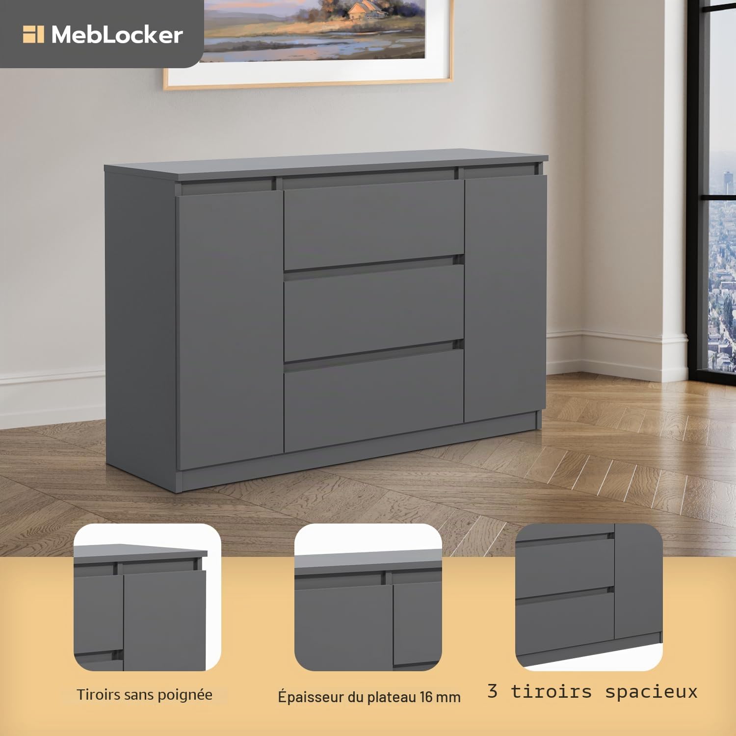 Commode avec 3 tiroirs et 2 Portes de Placard 120 cm Idéale pour Le Salon, la Chambre à Coucher, la Chambre d'enfant et Le Bureau Solution Moderne et élégante pour Un Rangement stylé