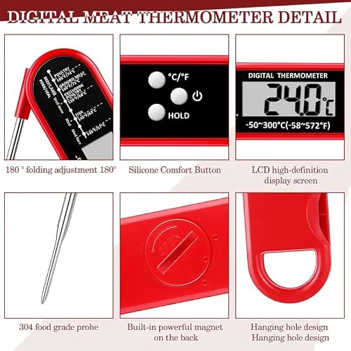 HFLYJPYW Meat Thermometer Digital for Grilling and Cooking - Waterproof Ultra-Fast Instant Read Food thermometers with Backlight & Calibration for Kitchen, Deep Fry, BBQ, Grill LCD(Red) — view 3