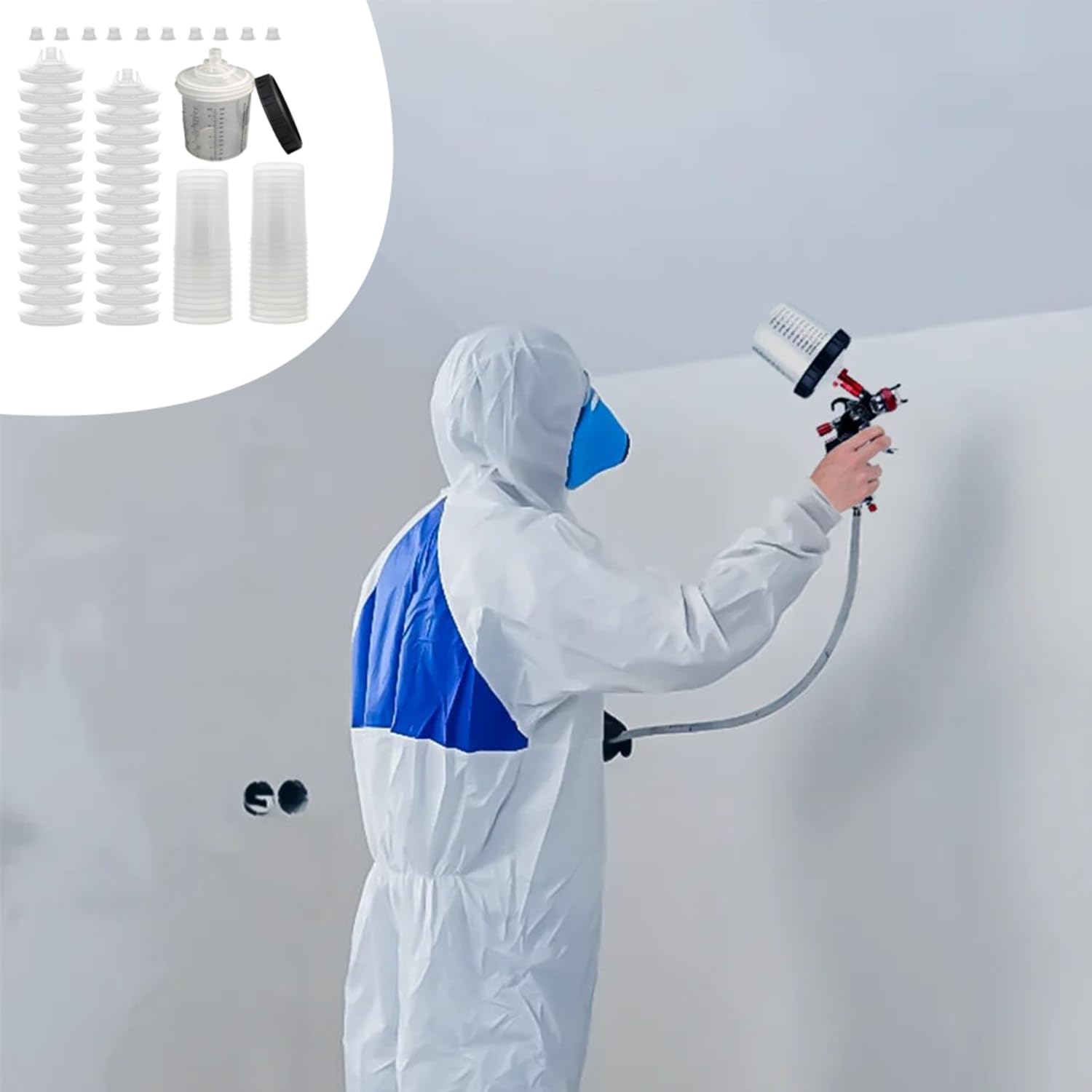 Juego de Taza de Mezcla de Pintura Desechable HVLP y LVLP,Kit de Vasos Mezcladores de Pintura con Tapa de 600 ML Que Incluye 30 Filtros,30 Vasos y Tapas,10 Tapones y 2 Adaptadores para Vasos