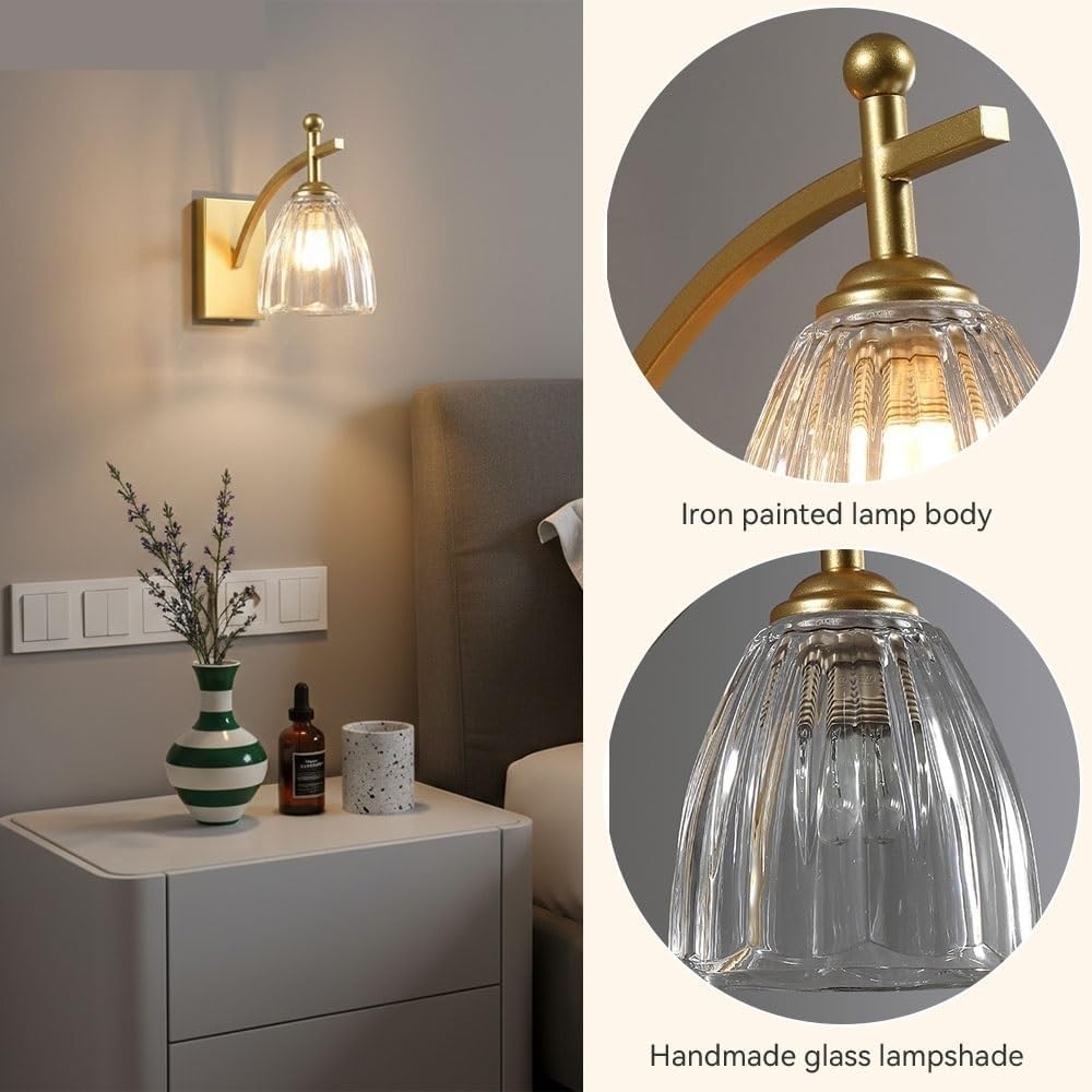 Ribbed Glass Wall Sconce, Gold Metal Wall Light, Mid Century Indoor Wall Lamp for Bedroom, Bedside, Hallway, Living Room, Entryway, Vanity, Apartment, Loft, Study, Hotel Parlor