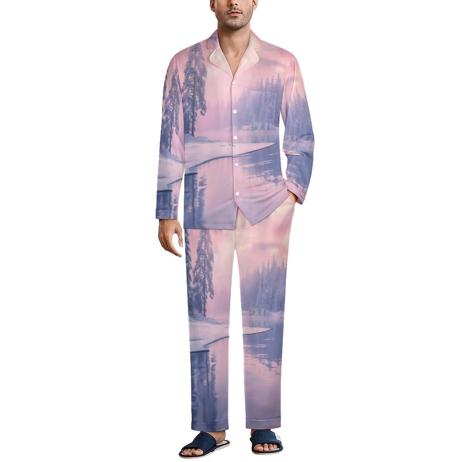 Pigiama da Uomo in Bellissimo Scenario Invernale, Due Pezzi Set Completo con Camicia a Maniche Lunghe Bottoni e Pantaloni con Tasche Abbigliamento Casa Rosa