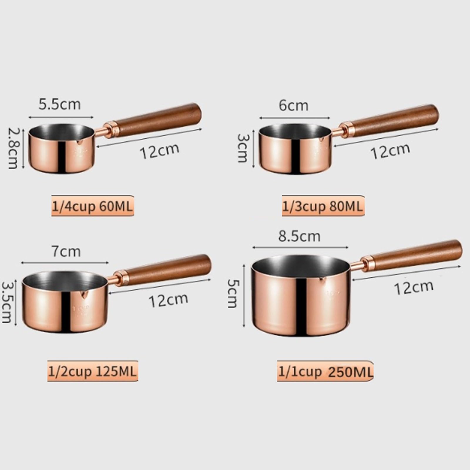 Juego de 4 tazas medidoras de acero inoxidable 304 con mango de madera, for hornear y preparar café, sin goteo.(3.6cm)