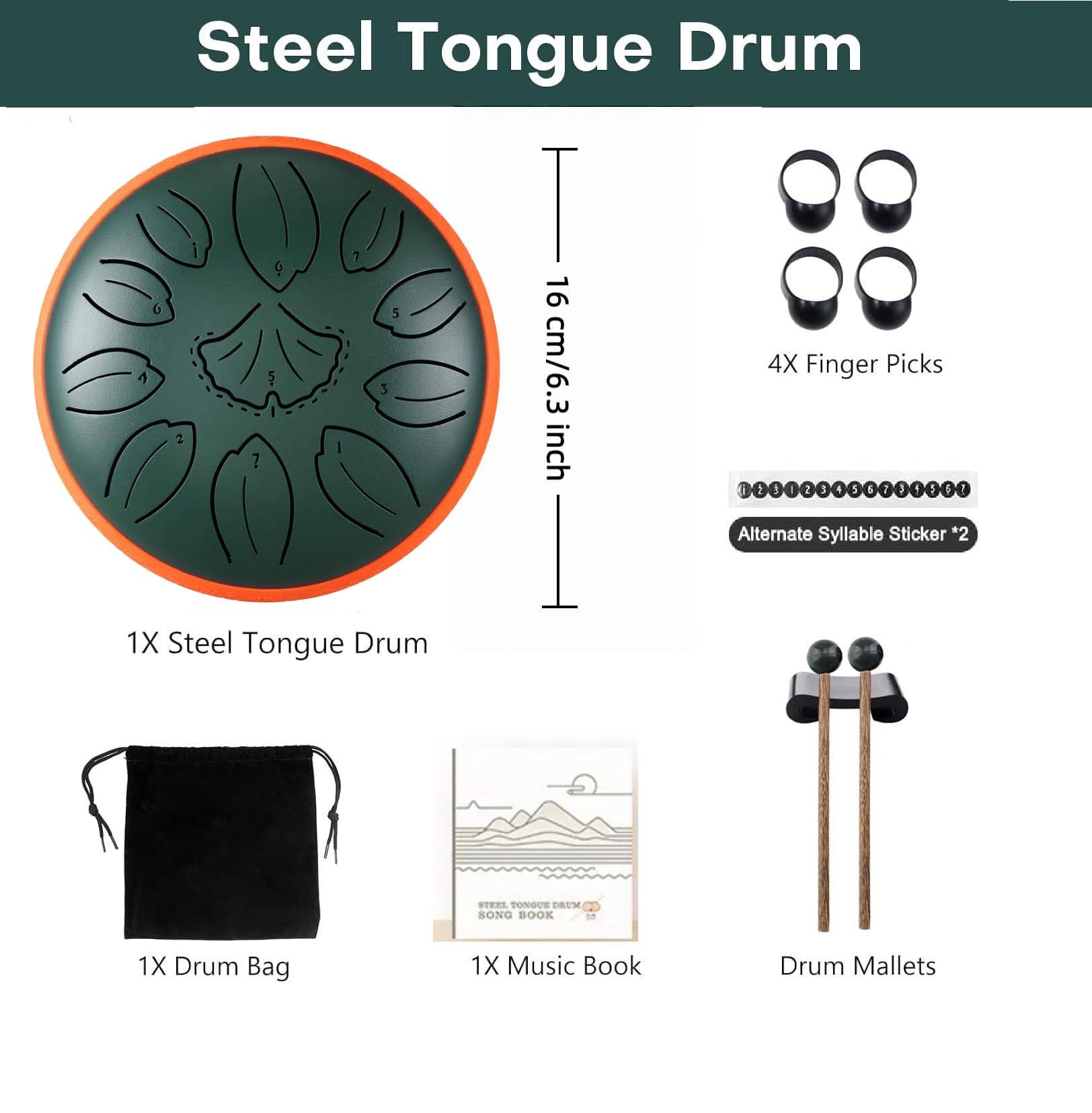Steel Tongue Drum | Zungentrommel | 6 Zoll, 11 Noten, C-Dur - Mit sphärischem Klang für Entspannung, Perfekt für Yoga, Meditation, Band & Musikunterricht (Grün)