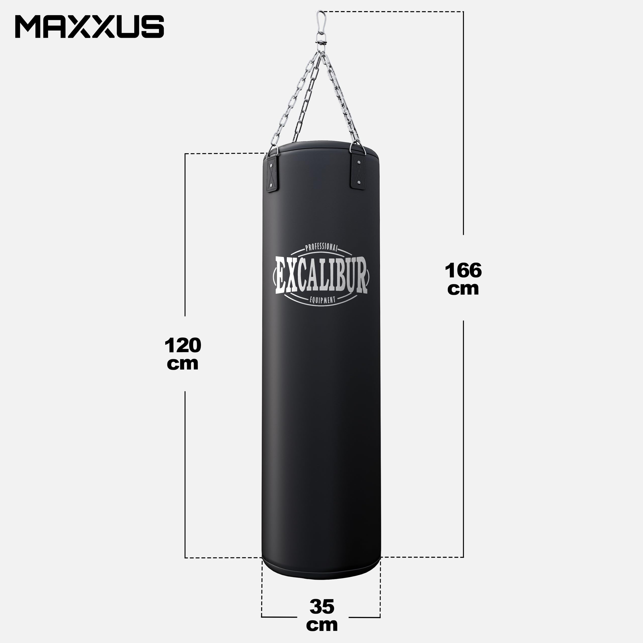 MAXXUS Boxsack PRO Excalibur/Thunder 120 - Gefüllt, Hängend, Vierpunkt-Stahlkette, 120x35cm, 34 kg - Punching Bag, Sandsack für Boxen, MMA, Muay Thai, Kickboxen, Kampfsport