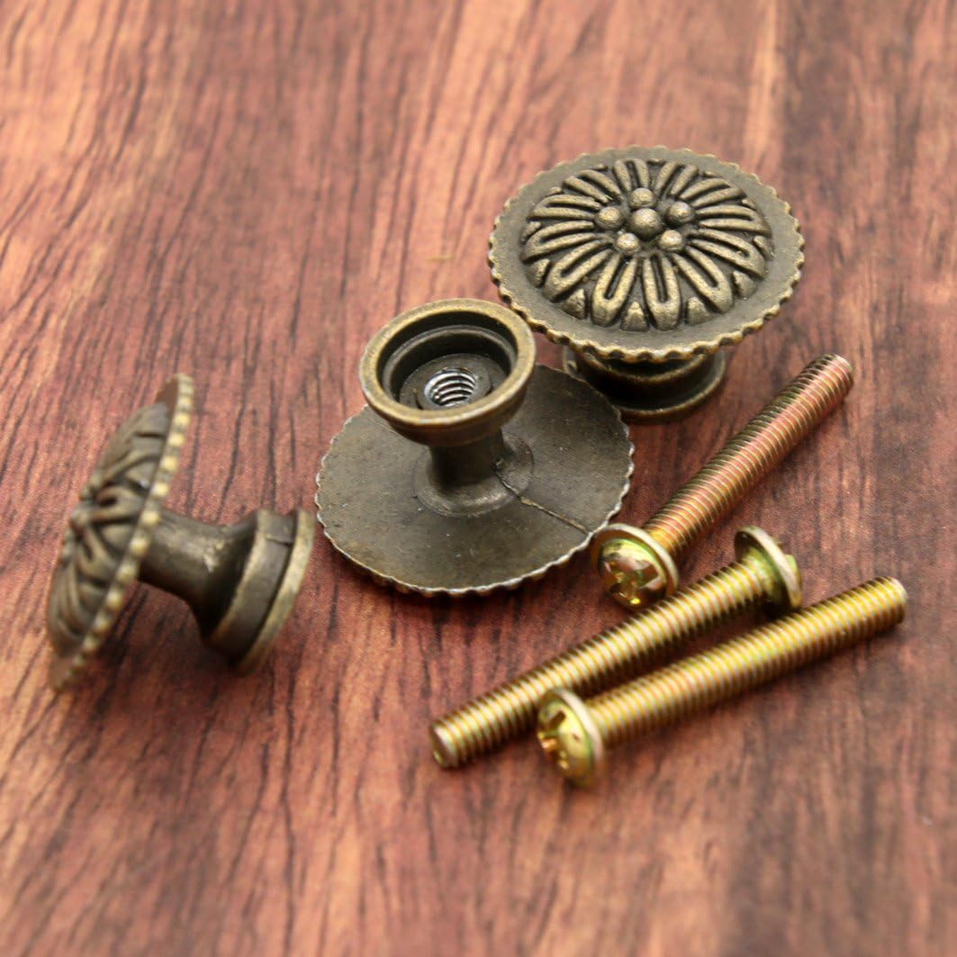 LXZ 8 PCs Vintage Knob Handles with Distressed Antique Brass Finish –Small knob Pulls, Diameter 1.1-in (28.5 mm) Height 0.9-in (23 mm)