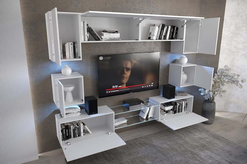 Furnitech NOWARA ANX1 ścianka na media, szafka ścienna, meblościanka z oświetleniem LED, meble do salonu, meblościanka (LED RGB (16 kolorów), ANX1-17DZB-HGM-35-1A)