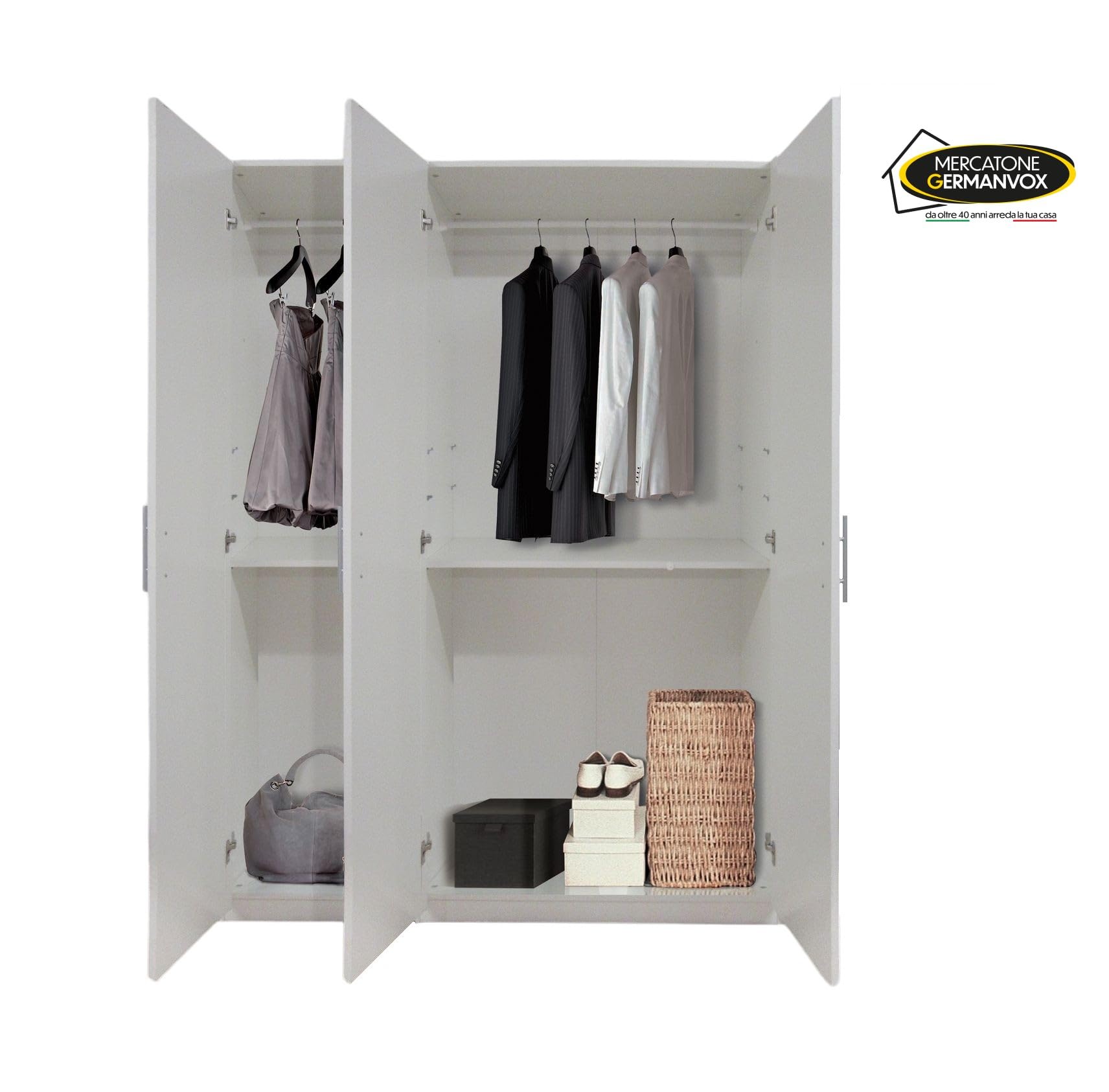 Armadio Guardaroba Germanvox Swift 4 Ante - Bianco Opaco, Made In Italy, 181x53x202 Cm - Foto 6