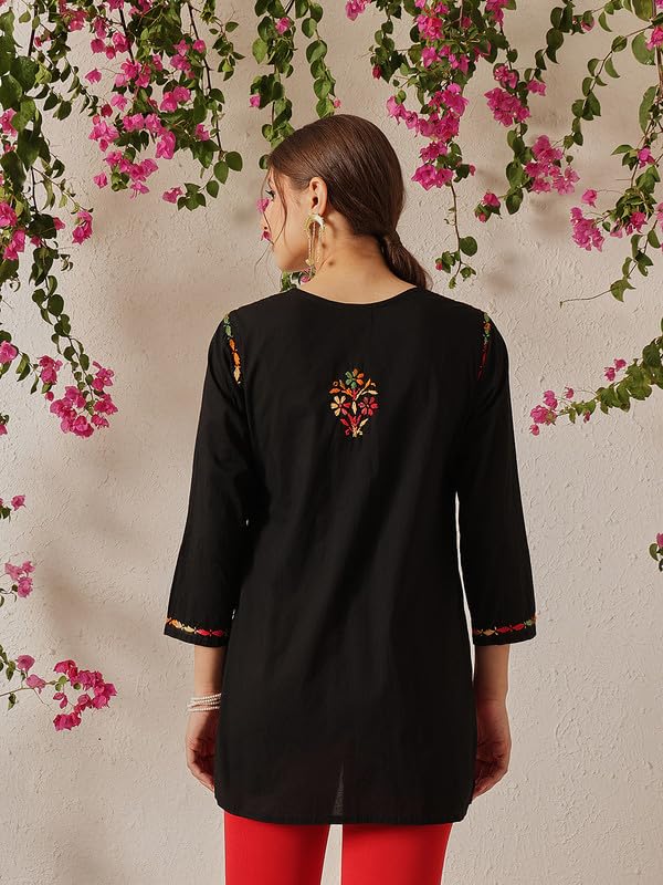 Image of Ada Women's Cotton Regular Fit Tunic Hand Embroidered Lucknow Chikankari Short Top Kurti A100554