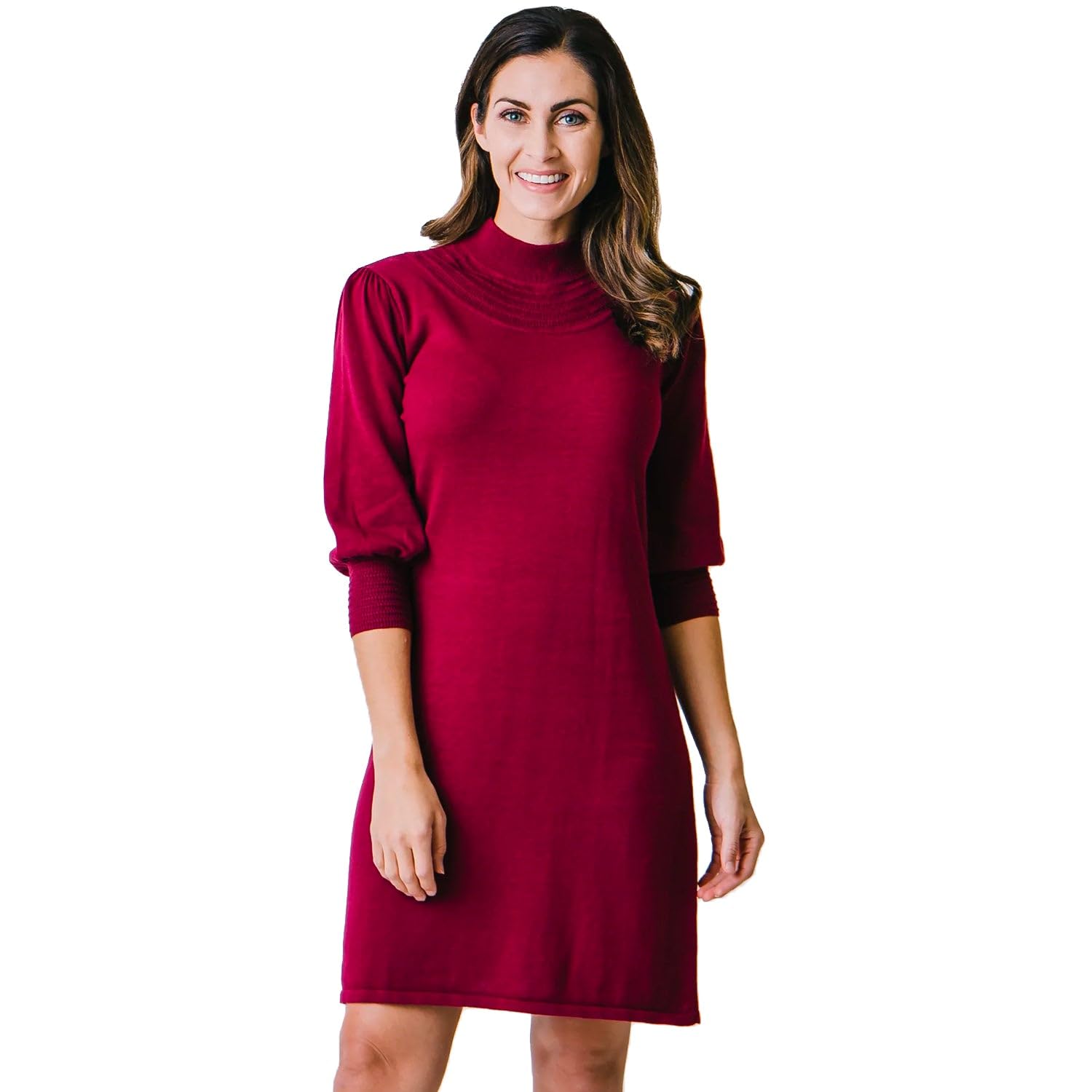 Hope &amp; Henry Women's Long Puff Sleeve Mock Neck Sweater Dress, 8, Berry