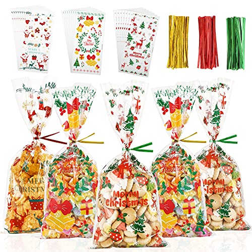 150Pcs Christmas Cellophane Bags Clear Treat Bag, Xmas Cello Bags Kids Christmas Party Favor Bags with Gold Red Green Twist Ties for Snack Cookies