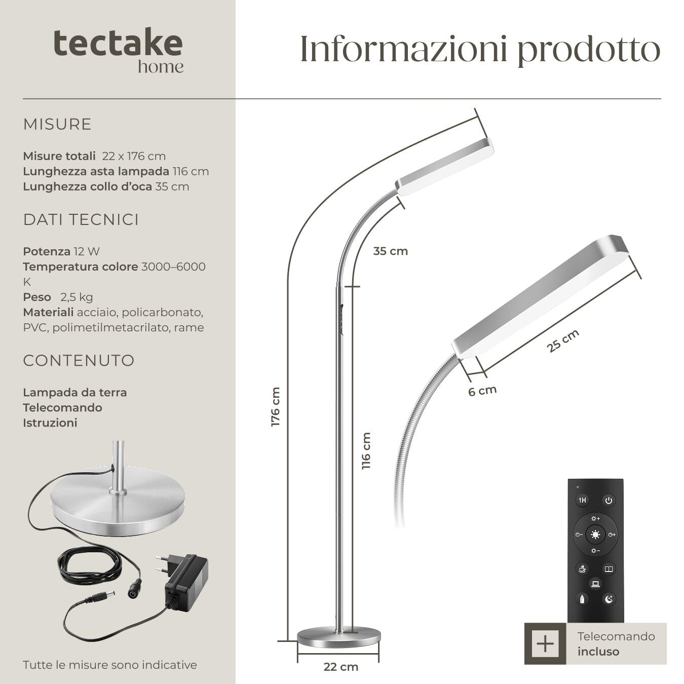 tectake® Lampada da Terra LED 12W, Piantana LED con Luce da Lettura Integrata, Arco Flessibile, Dimmerabile, Temperatura Colore Regolabile, Pannello Touch, Telecomando Magnetico - Argento