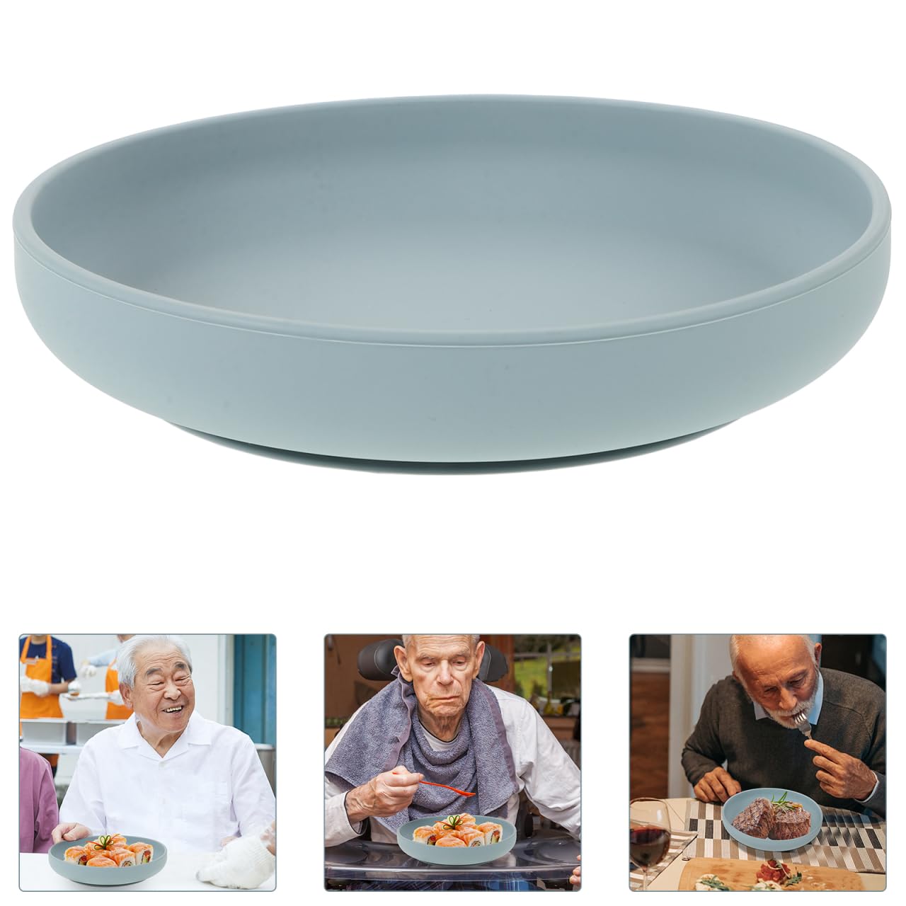 Hoement Elderly Care Spill Proof Scoop Plate with Non Slip Suction Cup Base Lightweight Silicone Dining Tableware for Disabled Senior Self Feeding - Image 2