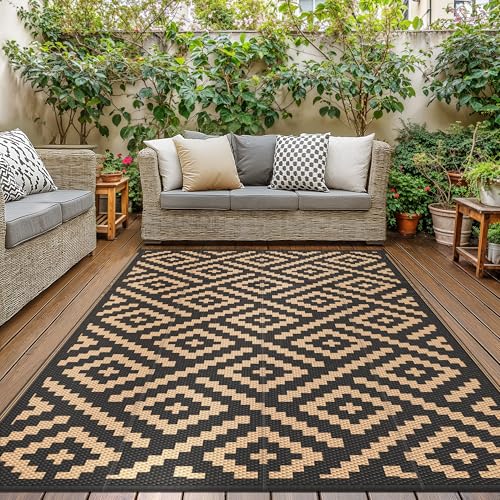 Miniatura 7 de GENIMO Alfombra Exterior Terraza,Impermeable Reversible Plástico, Alfombra Barbacoa Exterior para Jardín, Picnic, Balcón, Rombo Marrón Negro, 150 x 240 cm | Alfombra moderna reciclada resistente a los rayos UV para jardín, camping, patio, pícnic, patio trasero y balcón