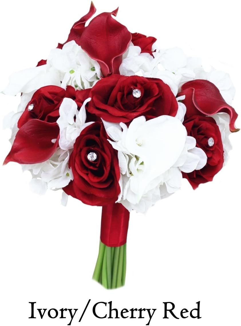 Angel Isabella Beautiful Hand-Tied Bouquet-Hydrangea Rose Calla Lily-Colors in Navy Wine Burgundy Fuchsia Raspberry Mint Spa Coral Turquoise Horizon Blue (Ivory/Red, 7.5")