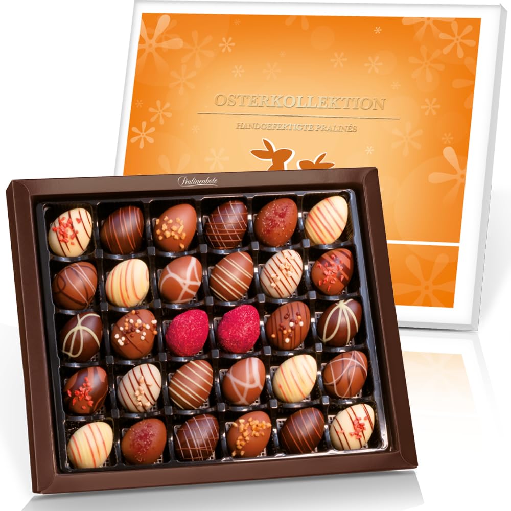 Pralinenbote Genussmanufaktur - Osterkollektion mit 30 handgefertigten Pralinen Eiern deutscher Chocolatiers, das Pralinen Geschenk zu Ostern, 375g