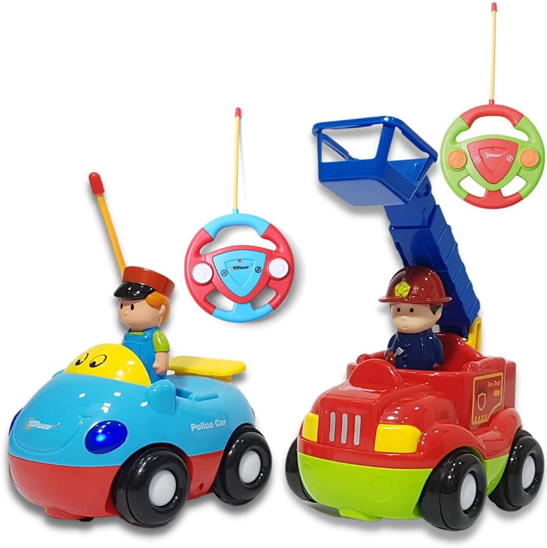 Top Race Cartoon Remote Control Police and Fire Engine Set - Dual Playtime Fun with Lights and Sounds for Kids Ages 3+