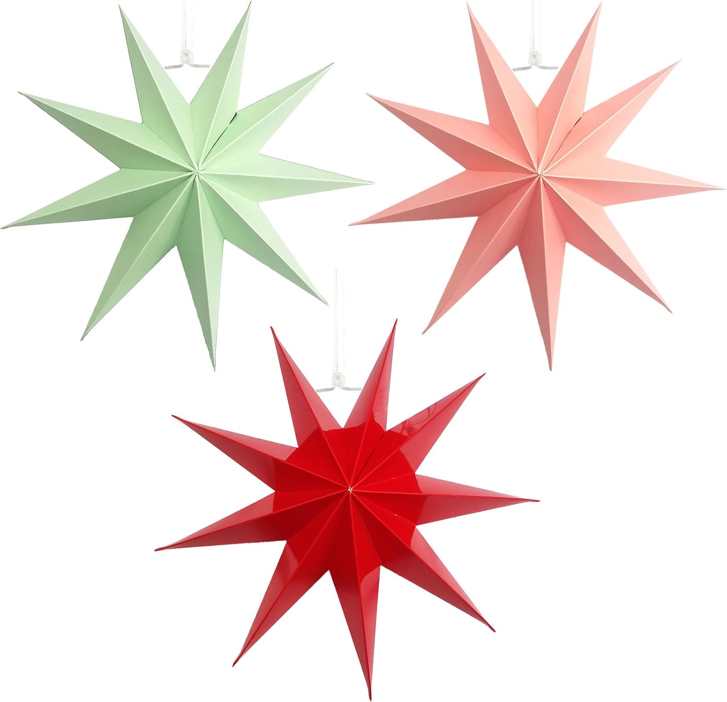 Bestac 3D Paper Star Hanging Decorations - 9 Pointed Star Lampshade for Christmas, Wedding, Birthday & Holiday Parties (Green, Pink, Red)