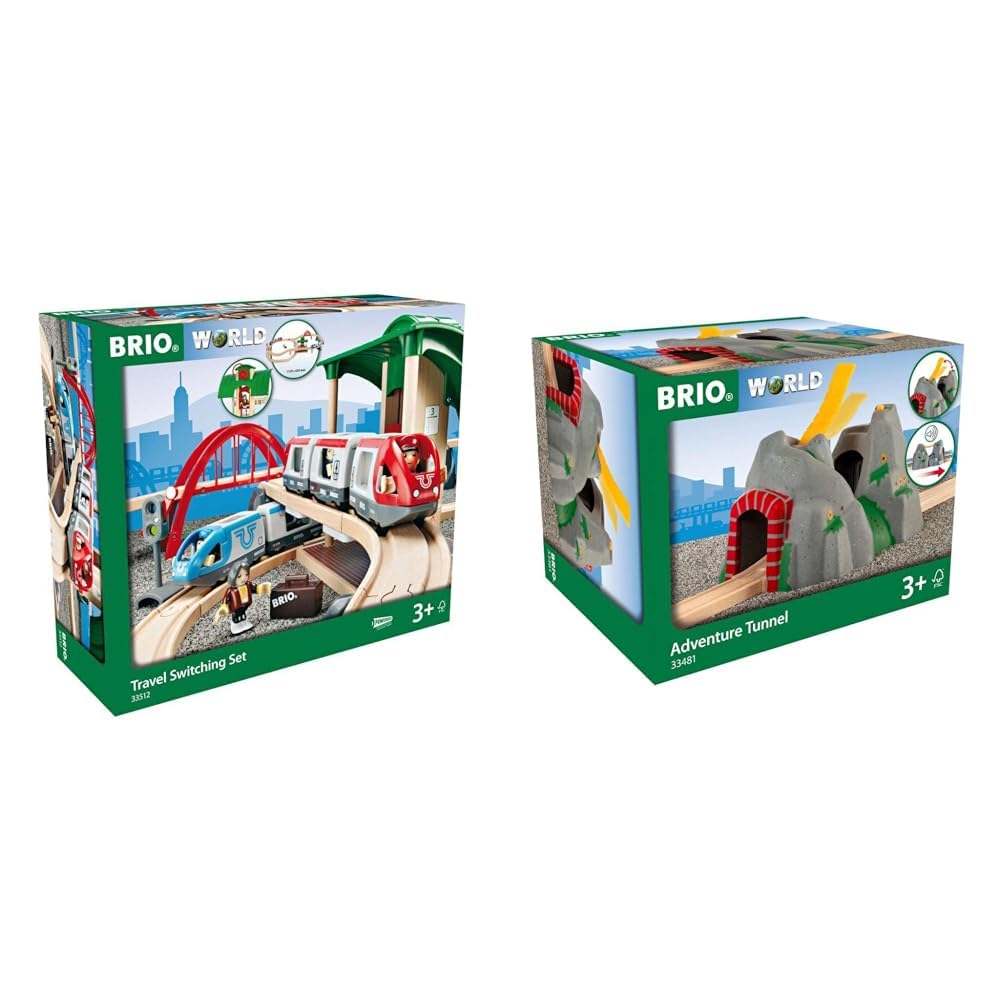 BRIO World 33512 Großes Bahn Reisezug Set – Eisenbahn mit Bahnhof, Schienen und Figuren & Magischer Tunnel – Eisenbahnzubehör Holzeisenbahn – empfohlen für Kinder ab 3 Jahren