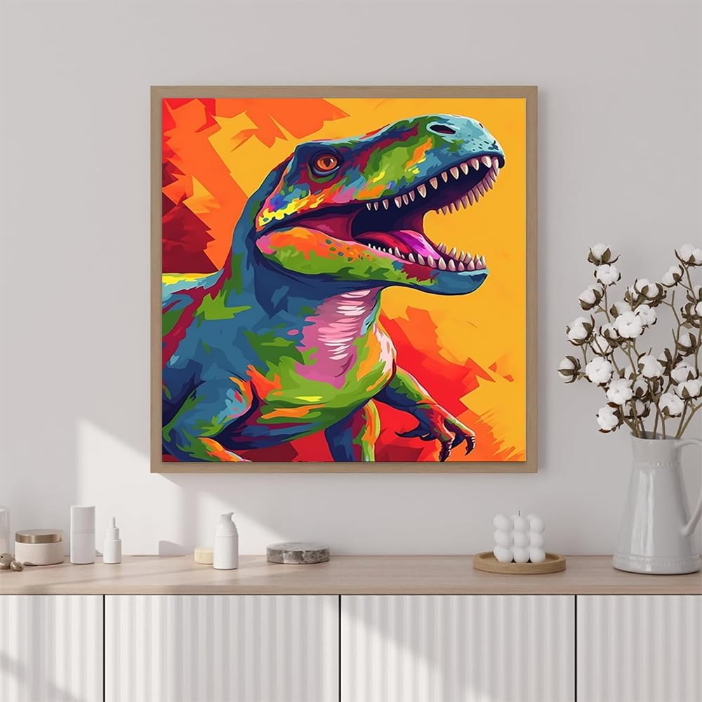 Artunion Framed Paint by Numbers Kit for Adults Beginners & Kids Ages 8-12,Colourful Dinosaur Paint by Number with Frame,Animals Paint by Numbers Kit on Canvas 10 * 10 Inch Without Easel