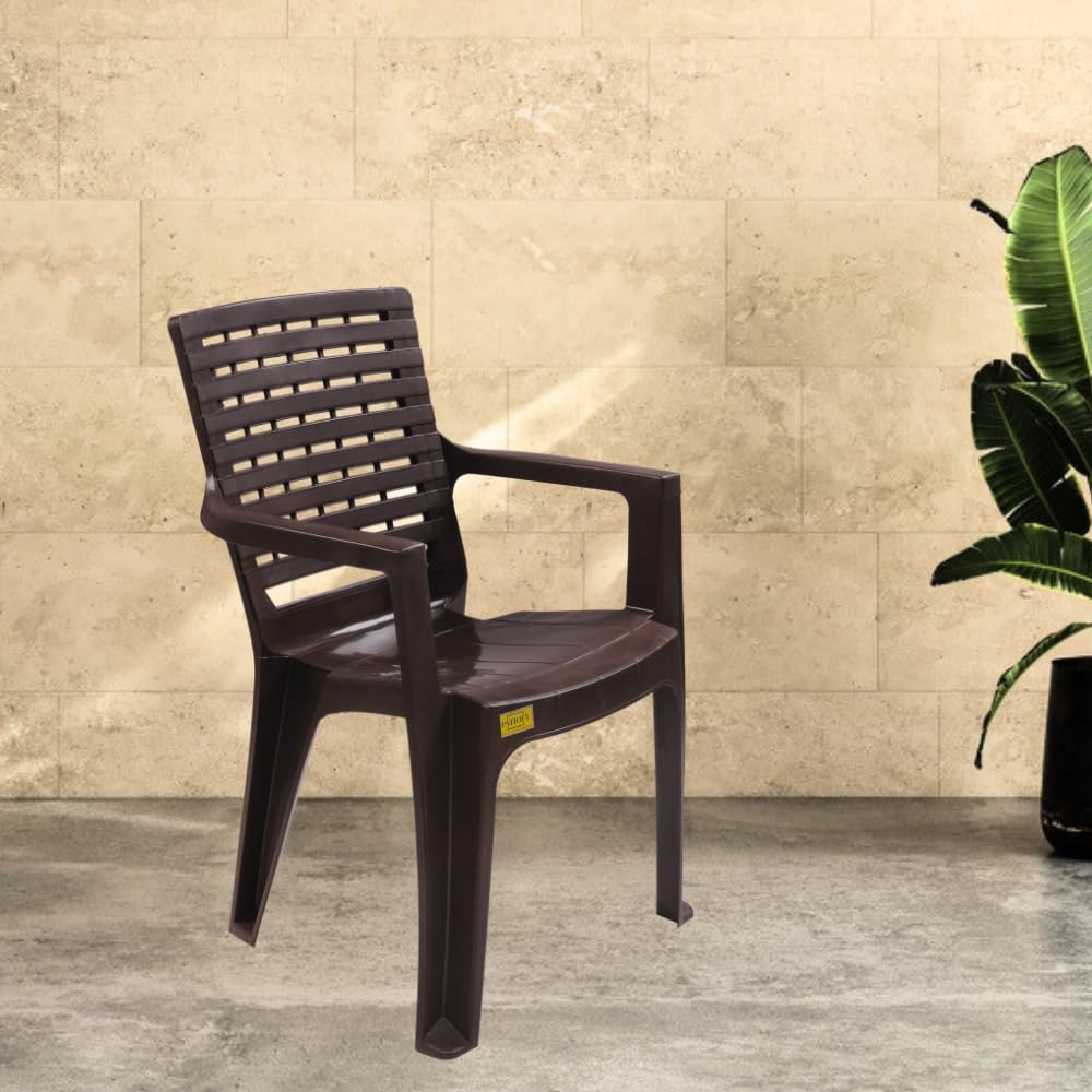 Patiofy Plastic Chair for Living Room, Outdoor Chair/Single Plastic Chair/Plastic Chair with Arm Rest/Modern Stylish Design with Glossy & Matte Finish (Brown Jhali- Pack of 1)