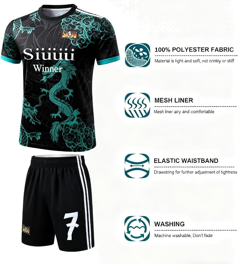 Youth Kids Soccer Jersey Uniform Set #7 - Complete Kit with Green Dragon Print Shirt, Shorts & Socks for Boys Girls Ages 5-14 - Image 4