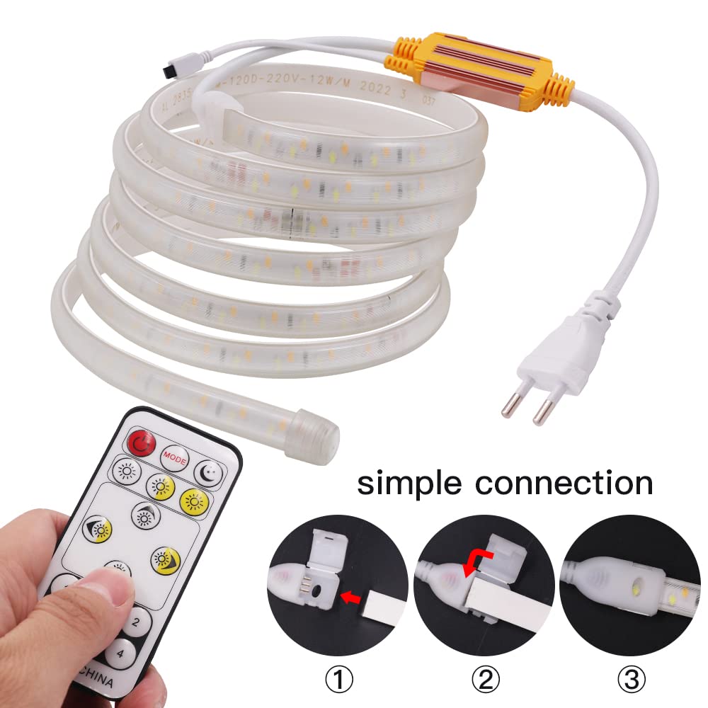 Actualizado 220V 2835 Tiras LED,120LEDs/m, IP65 Impermeable,Tira de LED Con control remoto de 14 teclas ajustable,Escalera de Techo Tira de LED Cocina Cable Luces LED (100m,blanco + blanco cálido)